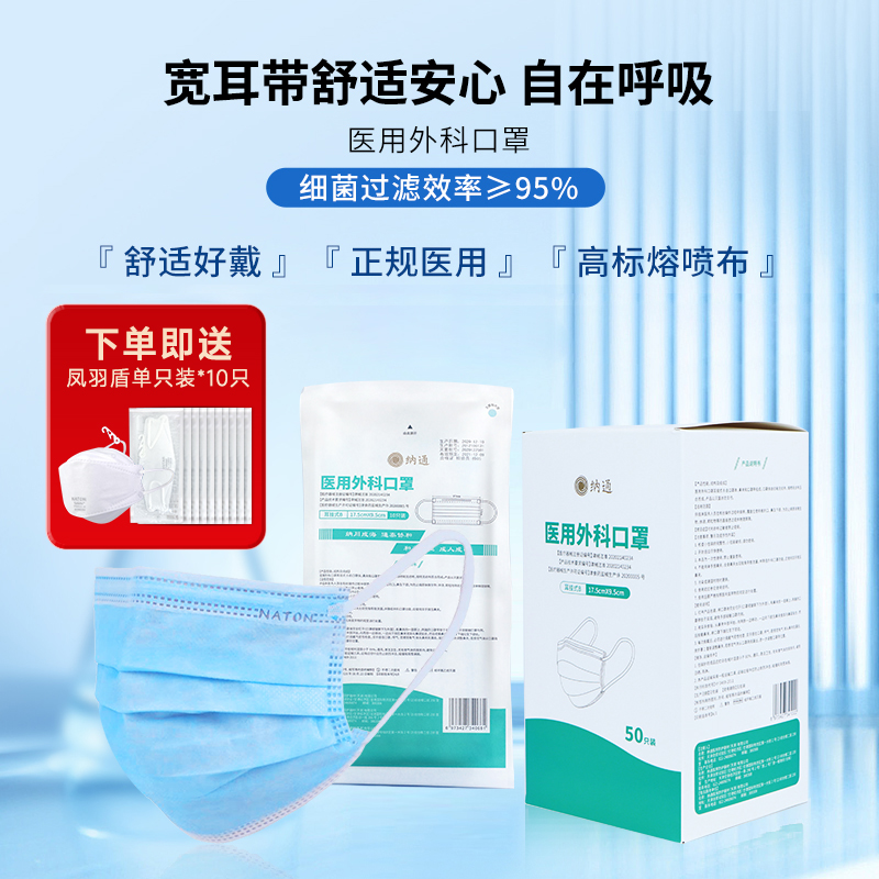 纳通医用外科口罩医疗一次性宽耳带灭菌级防护成人儿童包装蓝白色
