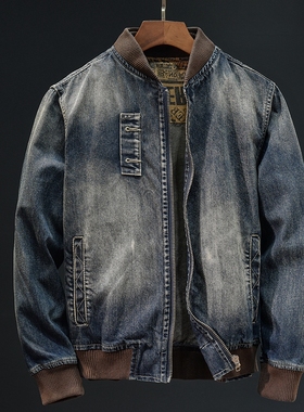 秋冬怀旧欧美高端复古蓝色上衣拉链罗纹机车牛仔衣男潮修身外套男