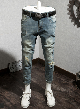 2025蓝色秋冬新款破洞小直筒脚修身牛仔裤男复古浅蓝青年个性长裤