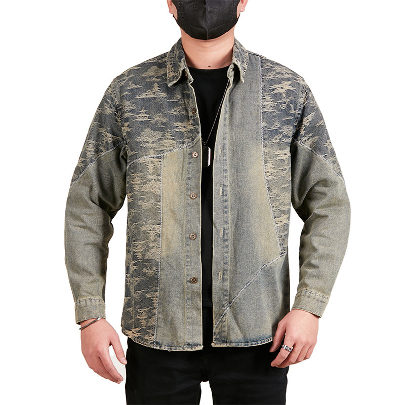 牛仔衬衫男士2025秋冬新款高端提花复古水洗翻领休闲长袖衬衣外套
