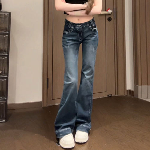 今年流行2026巨好看的蓝色牛仔裤女美式低腰辣妹微喇马蹄拖地裤子
