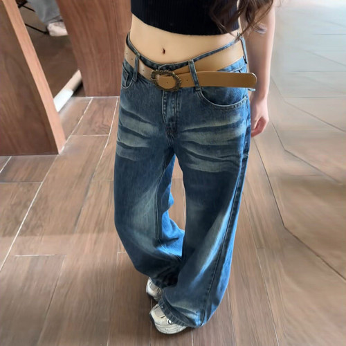 美式辣妹低腰阔腿牛仔裤显瘦