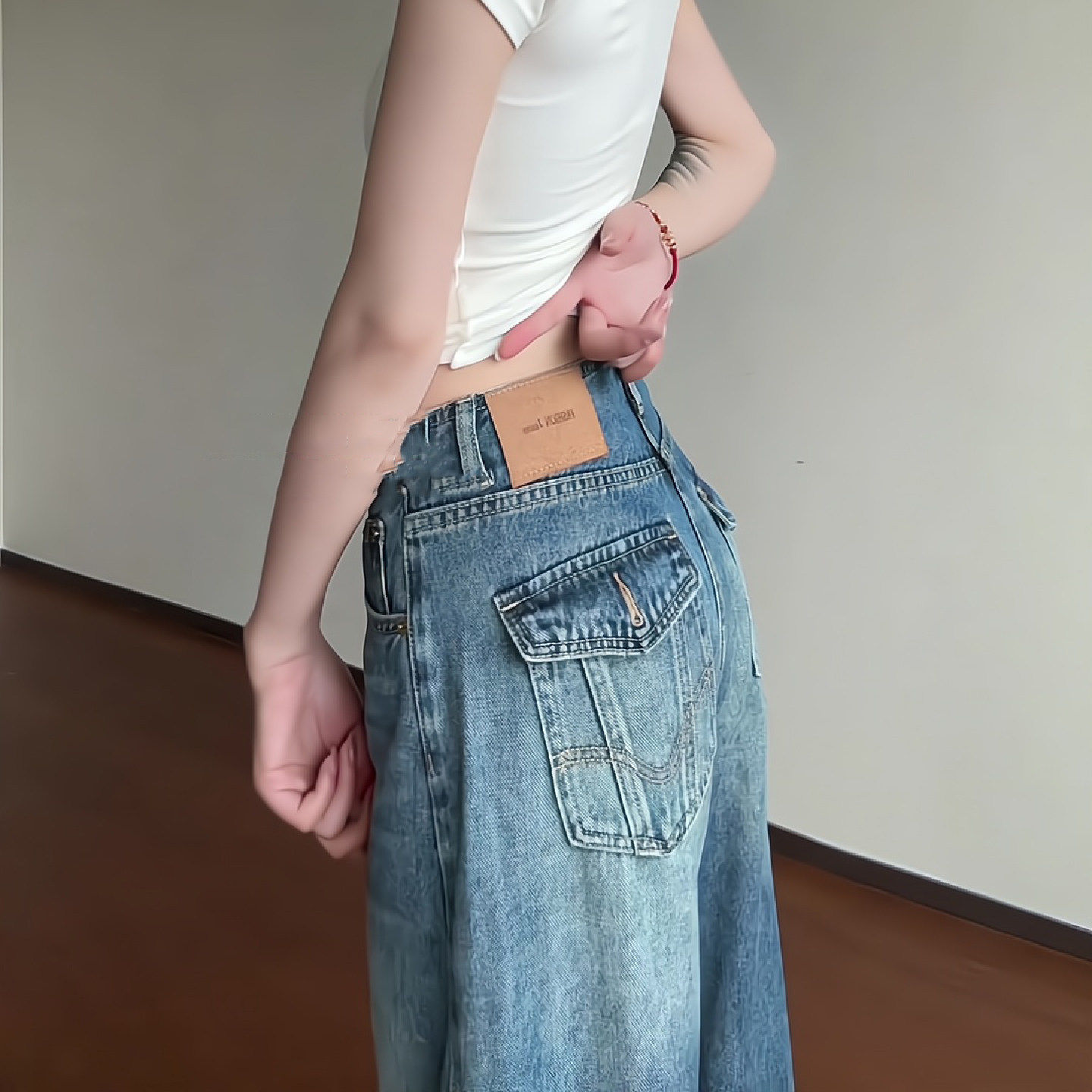 美式复古中低腰阔腿拖地牛仔裤