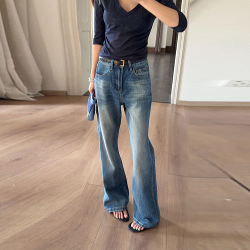 宽松显瘦垂感微喇拖地裤复古蓝高腰窄版阔腿牛仔裤女2026夏季新款