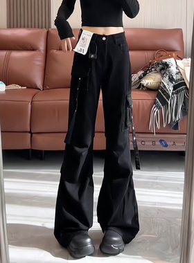 美式复古微喇黑色工装牛仔裤女2026春夏新款辣妹修身显瘦喇叭裤子