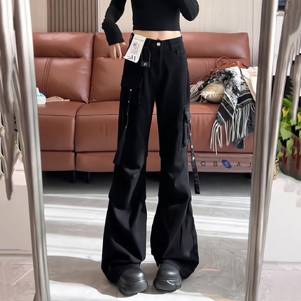 美式复古微喇黑色工装牛仔裤女2026春夏新款辣妹修身显瘦喇叭裤子