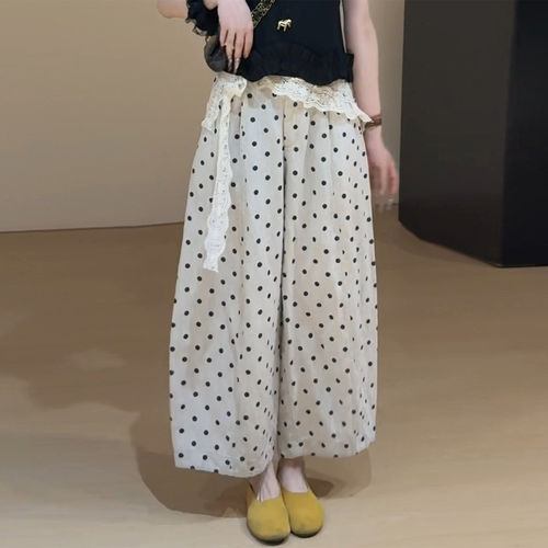 米白色波点棉麻九分休闲裤女松弛显瘦宽松夏天巨好看的薄阔腿裤子