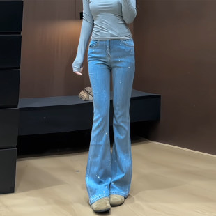 女高腰紧身弹力马蹄裤 百搭微喇叭牛仔裤 蓝色烫钻修身 2026春夏新款