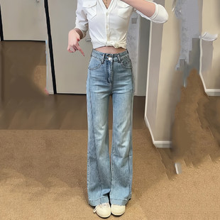 复古拖地阔腿喇叭牛仔女2026新款 高腰双扣收腹微喇裤 宽松弹力修身