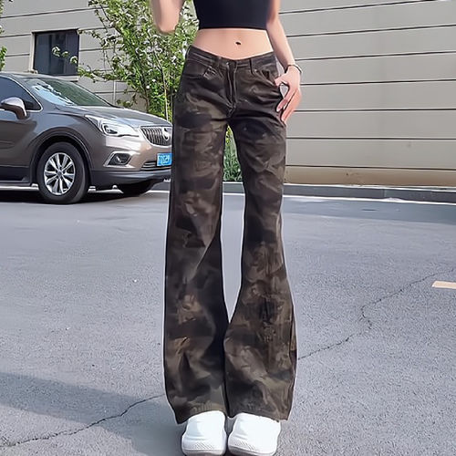 复古迷彩低腰显瘦微喇牛仔裤
