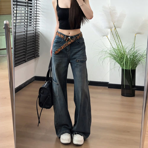 美式复古高腰设计感阔腿牛仔裤女2026夏季新款大码宽松显瘦拖地裤
