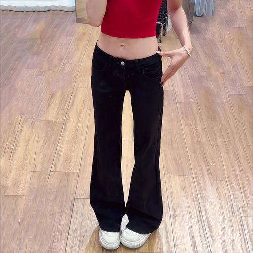 夏季辣妹低腰微喇黑色显瘦牛仔裤