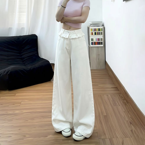 夏季花边高腰显瘦阔腿牛仔裤女