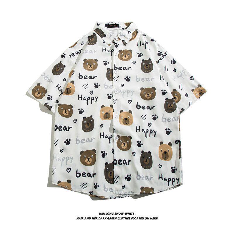 海边度假花衬衫男女士短袖痞帅夏威夷情侣宽松沙滩五分半袖衬上衣