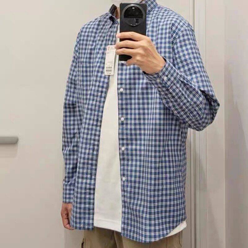 美式复古翻领格子衬衫男女长袖宽松拼接设计感衬衣2026春夏季外套