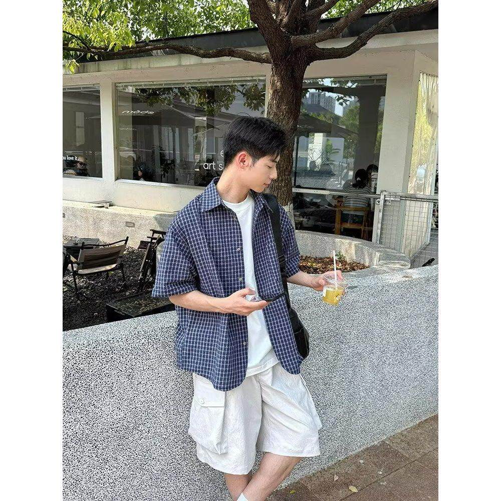 藏青泡泡棉格子短袖衬衫男生2026新款夏季百搭宽松开衫休闲衬衣