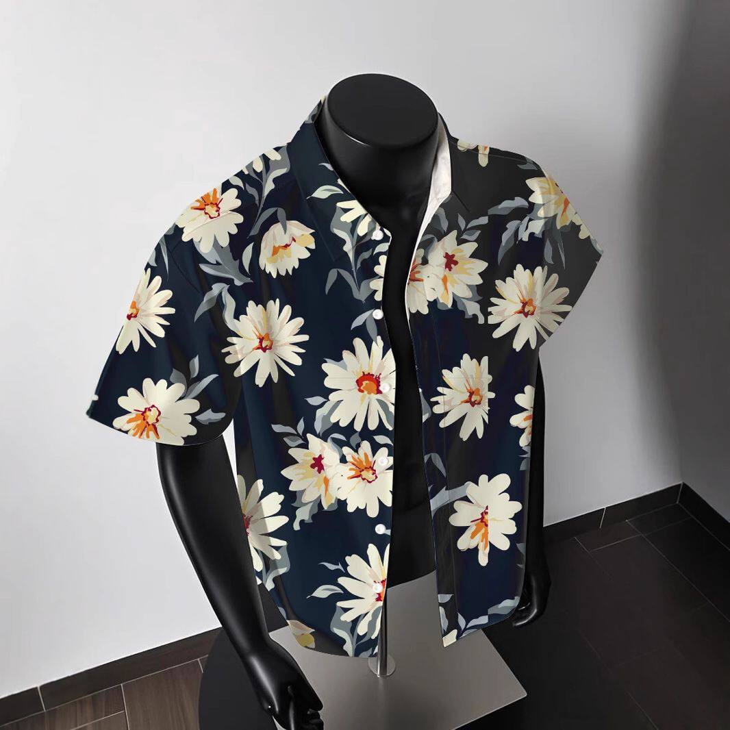 夏威夷欧美潮牌菊花满印半袖衬衫男港风国潮海边度假休闲男士衬衣
