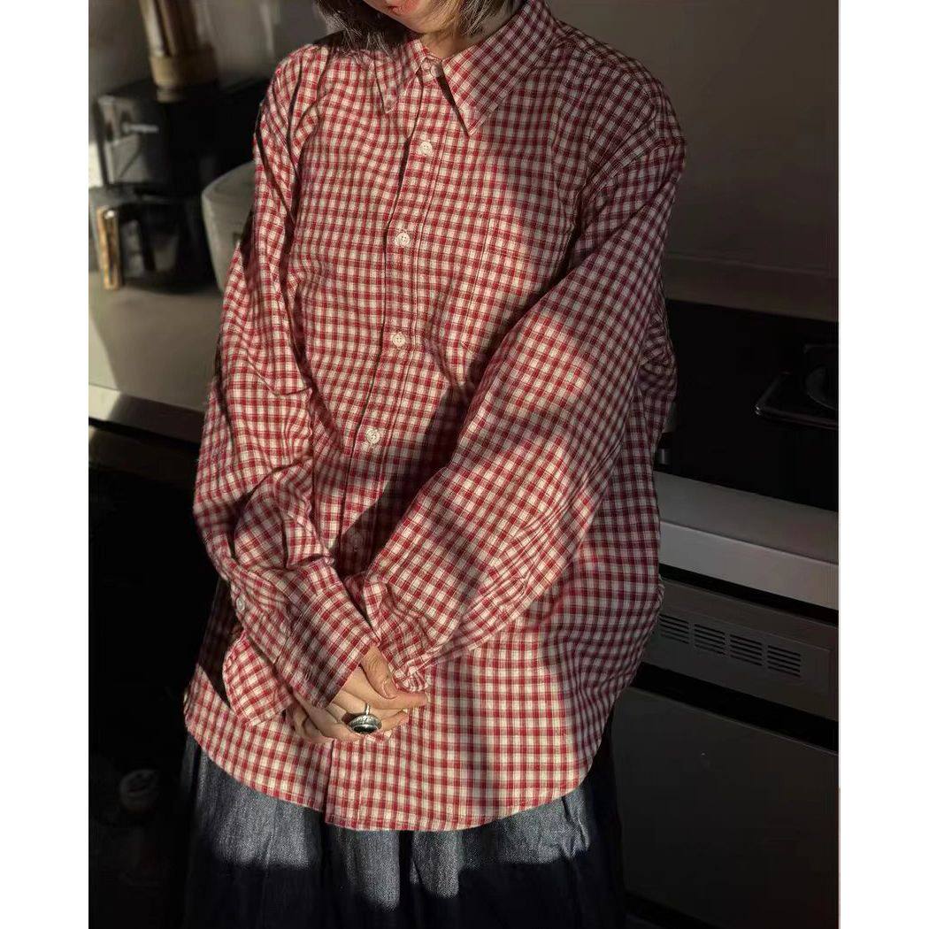 美式复古翻领格子衬衫男女长袖宽松拼接设计感衬衣2026春夏季外套