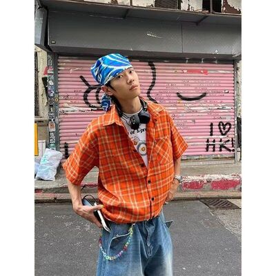 XBRO美式复古春秋橘色格子长袖衬衫男女慵懒多巴设计感衬衣外套潮