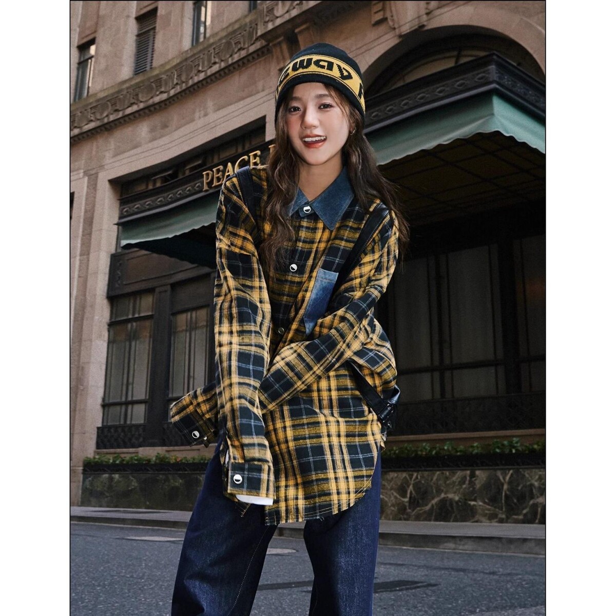 美式复古原创高级感外穿格子衬衫女复古宽松百搭早秋黄色格纹衬衣