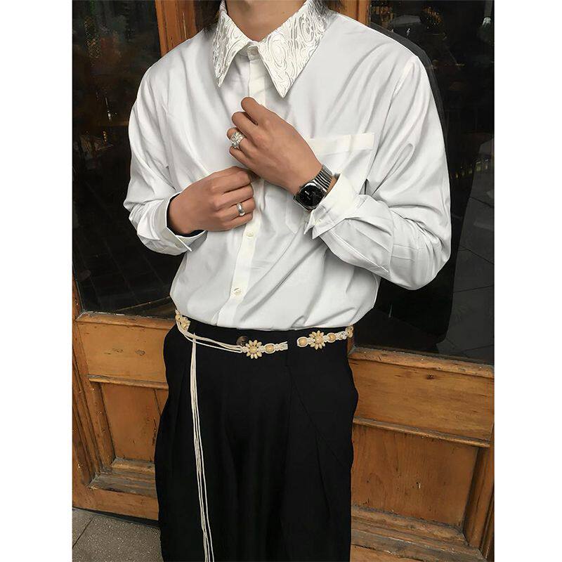 白色刺绣花领衬衫男款夏季高级感痞帅设计感衬衣美式cleanfit外套