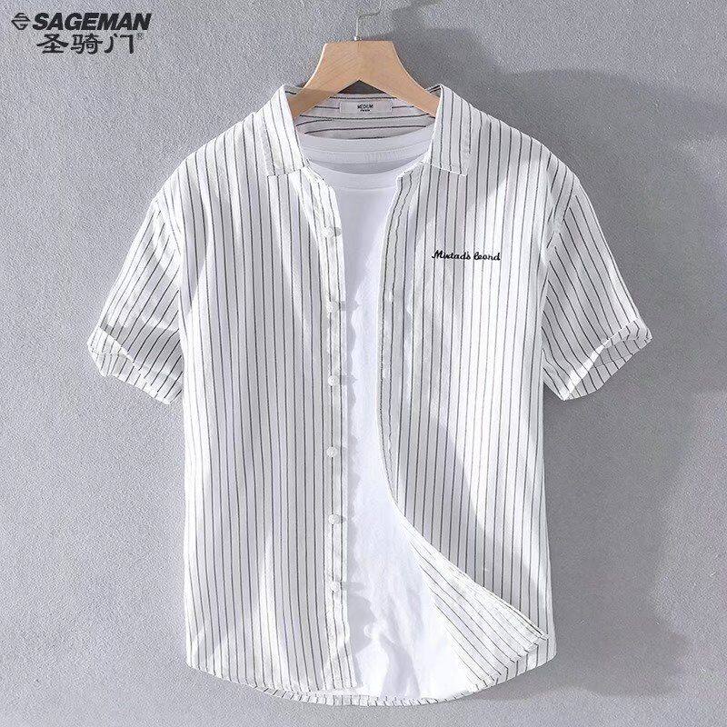 白色男士短袖衬衫宽松休闲棉衬衣日系文艺细条纹青年薄外衣潮