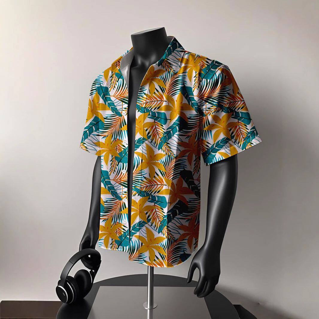 夏威夷冰丝短袖衬衫男夏季新款潮牌痞帅炸街印花青少年休闲衬衣男