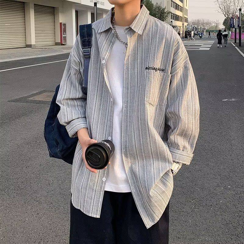 年春款长袖衬衫男日系宽松大码休闲纯色翻领衬衣开衫男装男士外套