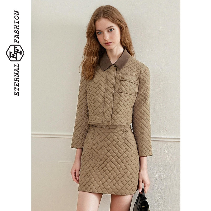 EF复古菱格绗缝短款翻领外套高腰半身裙2025冬季新款两件套套装,女装/女士精品,时尚套装,淘宝优惠券,粉丝福利购,淘宝优惠卷