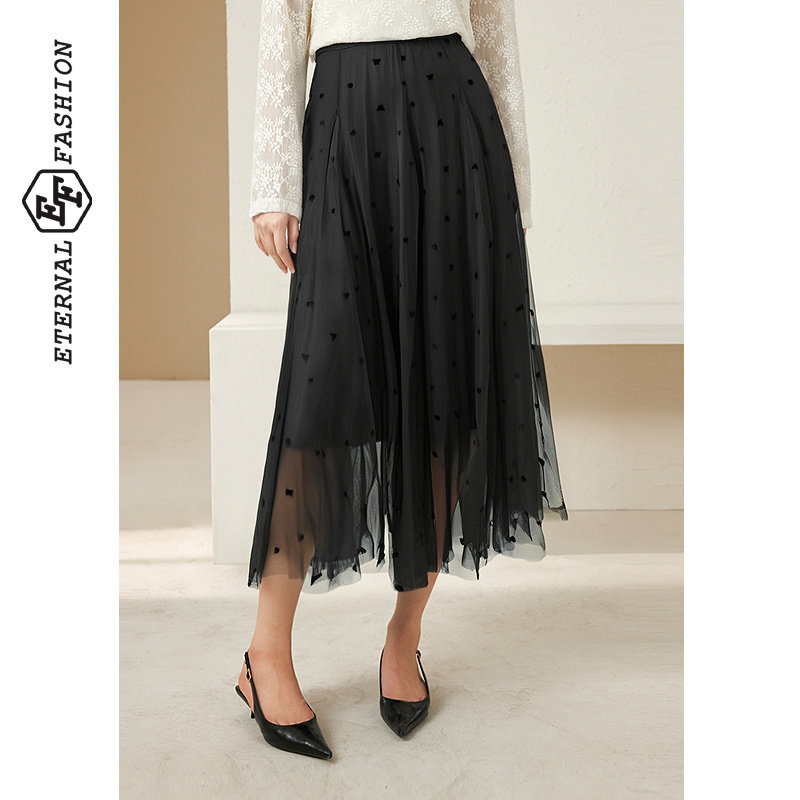 EF波点拼接网纱中长款半身裙2025冬季新款高腰显瘦百搭A字裙女