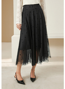 EF波点拼接网纱中长款半身裙2025冬季新款高腰显瘦百搭A字裙女