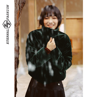 EF绿色复古显瘦立领白鸭绒面包服2025冬季新款丝绒保暖羽绒服外套