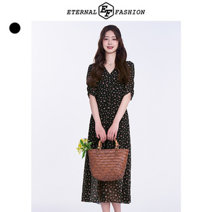 EF度假风复古碎花茶歇裙夏季新款法式V领雪纺连衣裙高腰A字裙