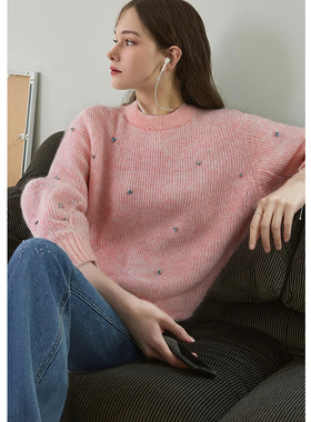 EF【商场同款】温柔风时尚优雅针织衫女2025冬季新款长袖宽松毛衫