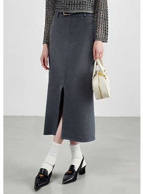 EF【商场同款】复古时尚中长裙2025秋冬新款开叉设计高腰半身裙