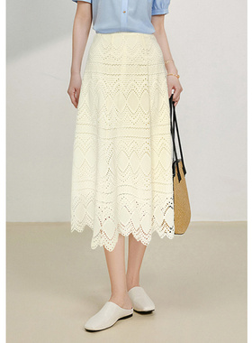 EF【商场同款】简约高腰半身裙2025秋冬新款镂空气质简约A字裙女