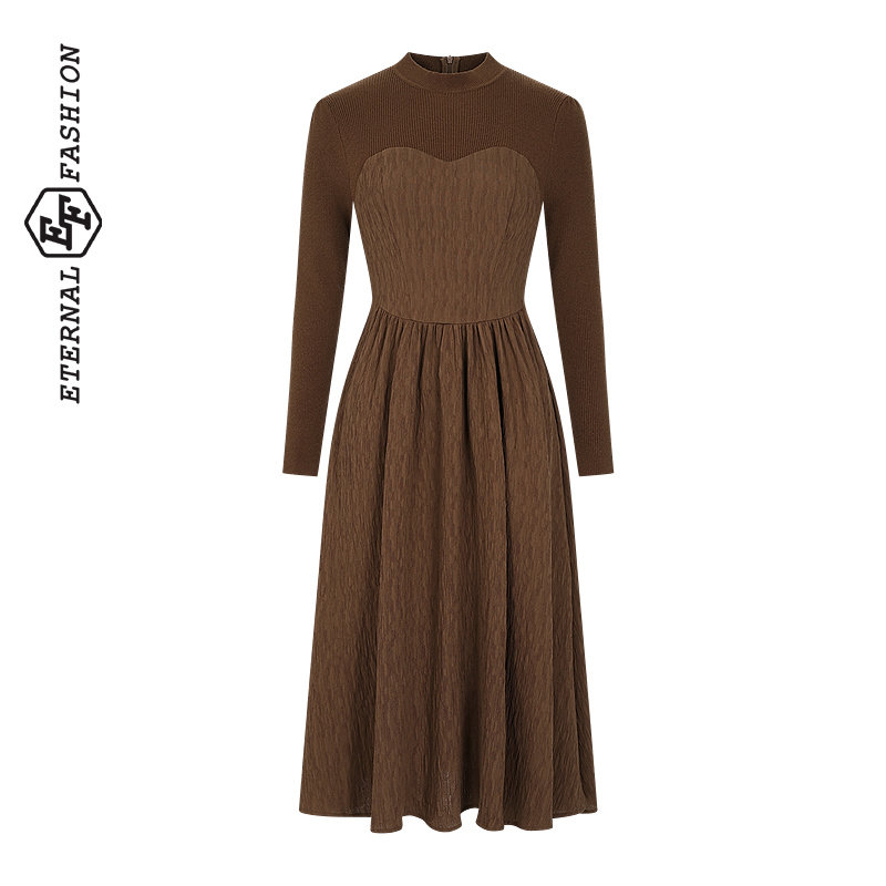 EF美拉德针织连衣裙女冬季新款时尚拼接收腰提花a字裙中长款