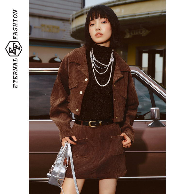 EF复古时尚设计感短外套半身裙2025冬季新款修身显瘦两件套套装