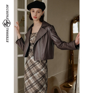 EFEF【商场同款】秋冬新款复古皮衣格子连衣裙气质两件套套装裙