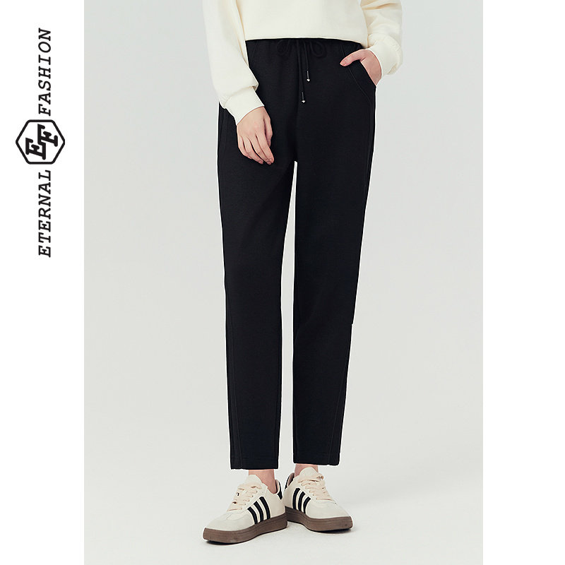 EF黑色运动裤女秋冬新款时尚抽绳宽松显瘦直筒小个子休闲卫裤