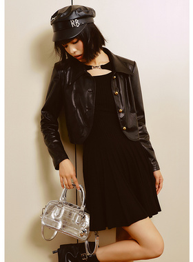 EF通勤针织收腰连衣裙2025冬季新款假两件镂空金属扣显瘦A字裙