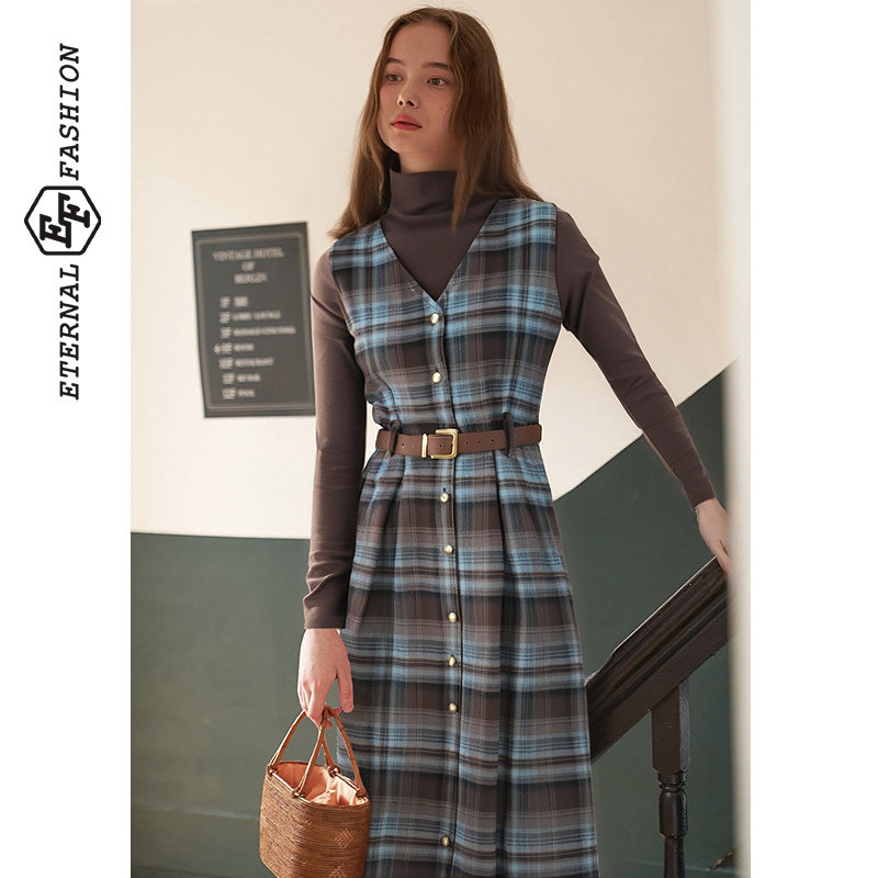 打底衫复古连衣裙两件套