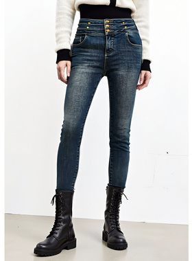 EF复古显瘦高腰牛仔裤2025冬季新款口袋设计感铅笔裤百搭小脚裤