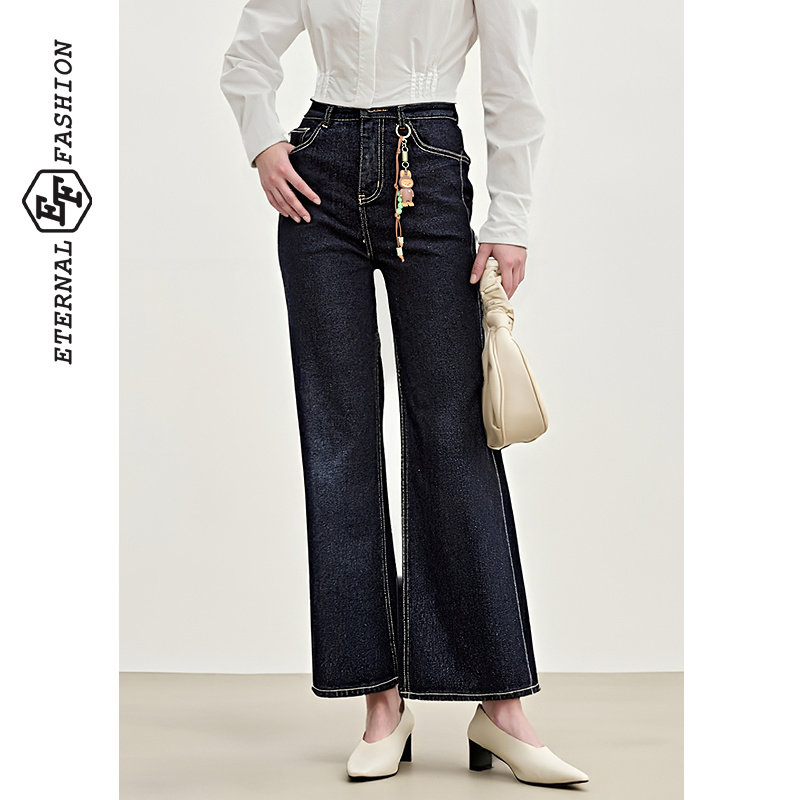 EF【商场同款】复古时尚宽松阔腿裤2025秋冬新款可爱挂链牛仔裤
