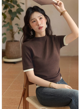 EF【商场同款】2026春季新款复古绵羊毛100%半高领套衫短款针织衫