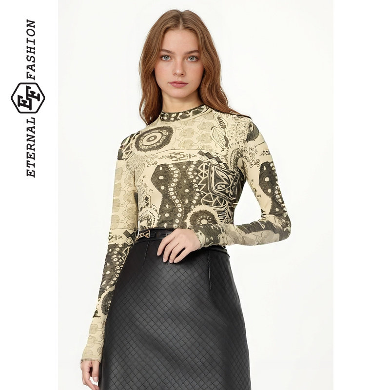 EF复古风印花上衣2025冬季新款半高领修身显瘦长袖打底衫,女装/女士精品,T恤,淘宝优惠券,粉丝福利购,淘宝优惠卷