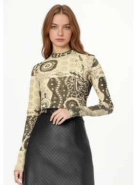 EF复古风印花上衣2025冬季新款半高领修身显瘦长袖打底衫