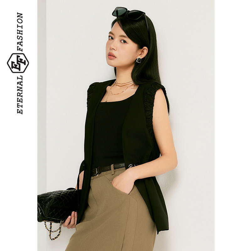 EF通勤时尚V领气质上衣夏季新款职场气质收腰显瘦无袖外套女