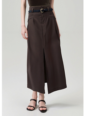 EF【商场同款】复古时尚修身显瘦中长裙2025秋冬新款开叉半身裙