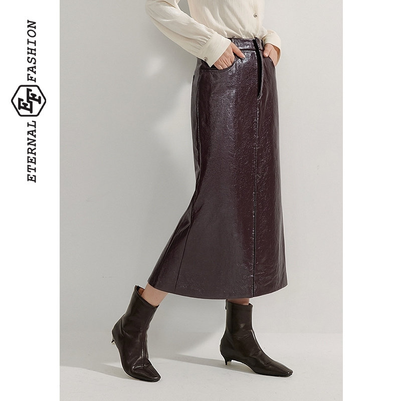 EF复古潮流高级感PU皮中长裙2025冬季新款高腰修身显瘦半身裙女